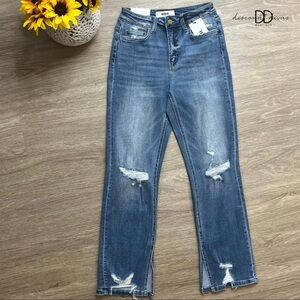 Mica Denim Distressed Side Slit Straight Leg Jeans
